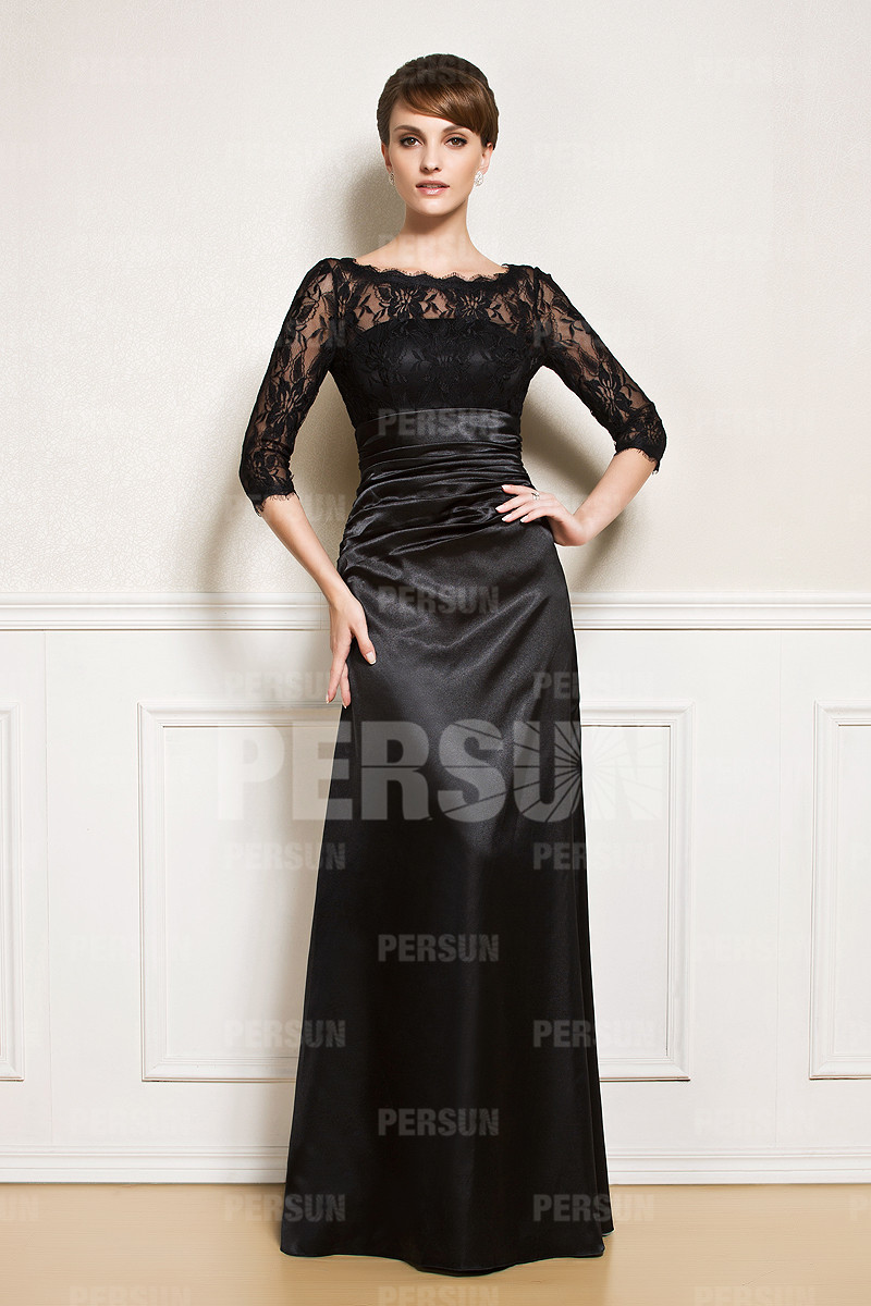 robe mère de mariée noire longue bustier en dentelle col illusion avec manches mi-longue