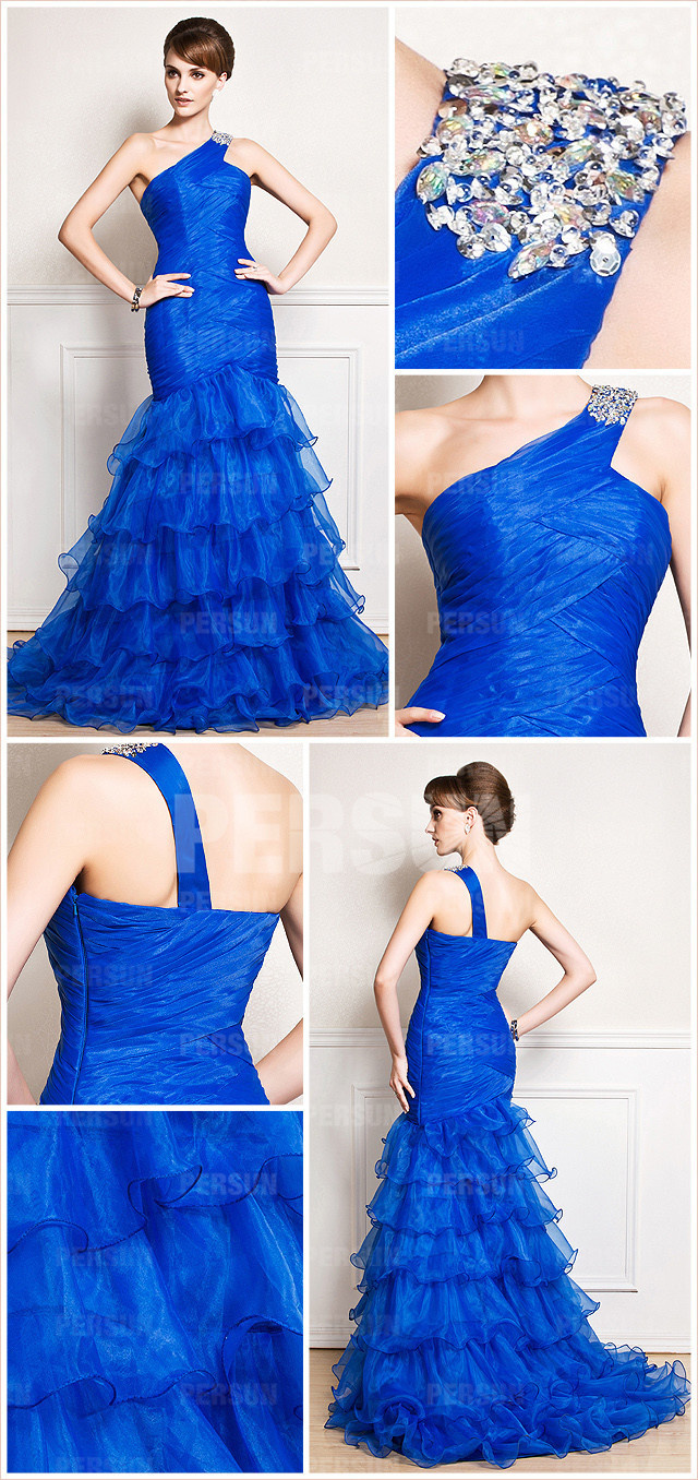 robe de soirée bleu sirène asymétrique à jupe volants