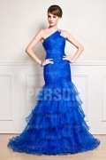 Luxus Blaues Ein Schulter Meerjungfrau Sequins Abendkleid aus Organza
