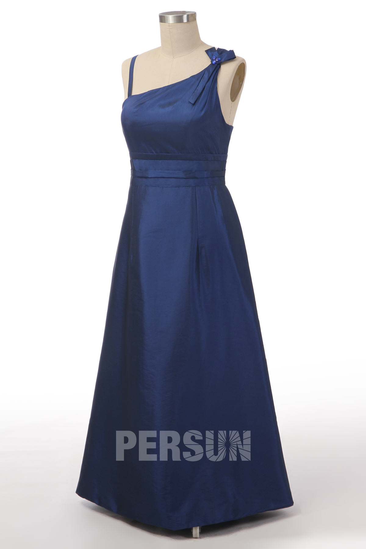 robe de soirée bleu asymétrique simple embelli de fleurs fait-main
