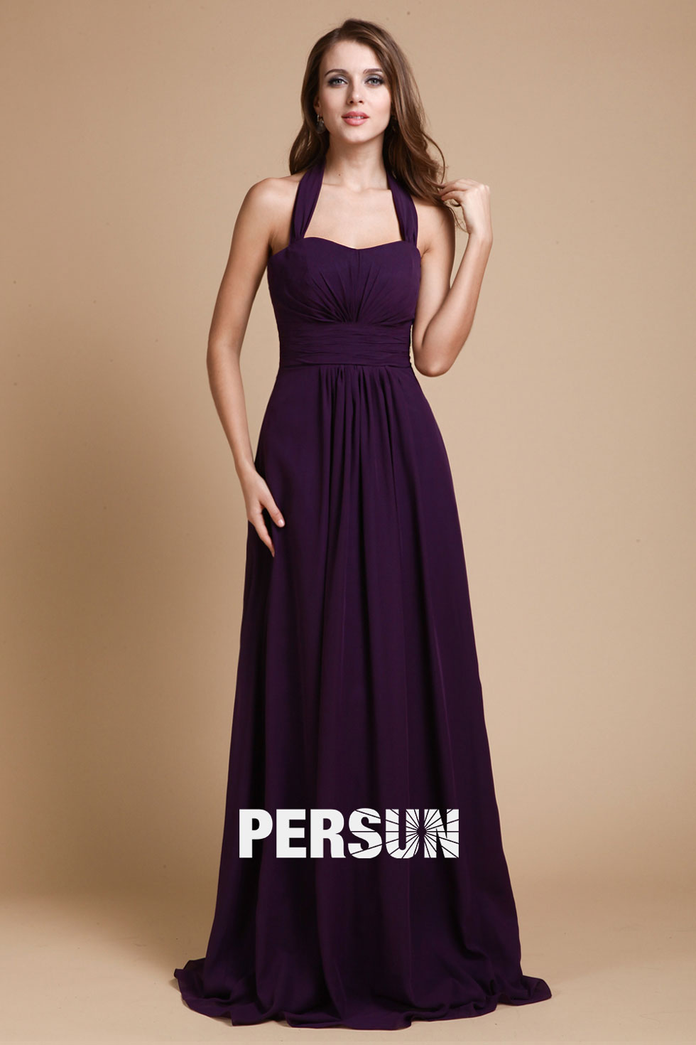 Simple robe violette longue col américain plissée en mousseline