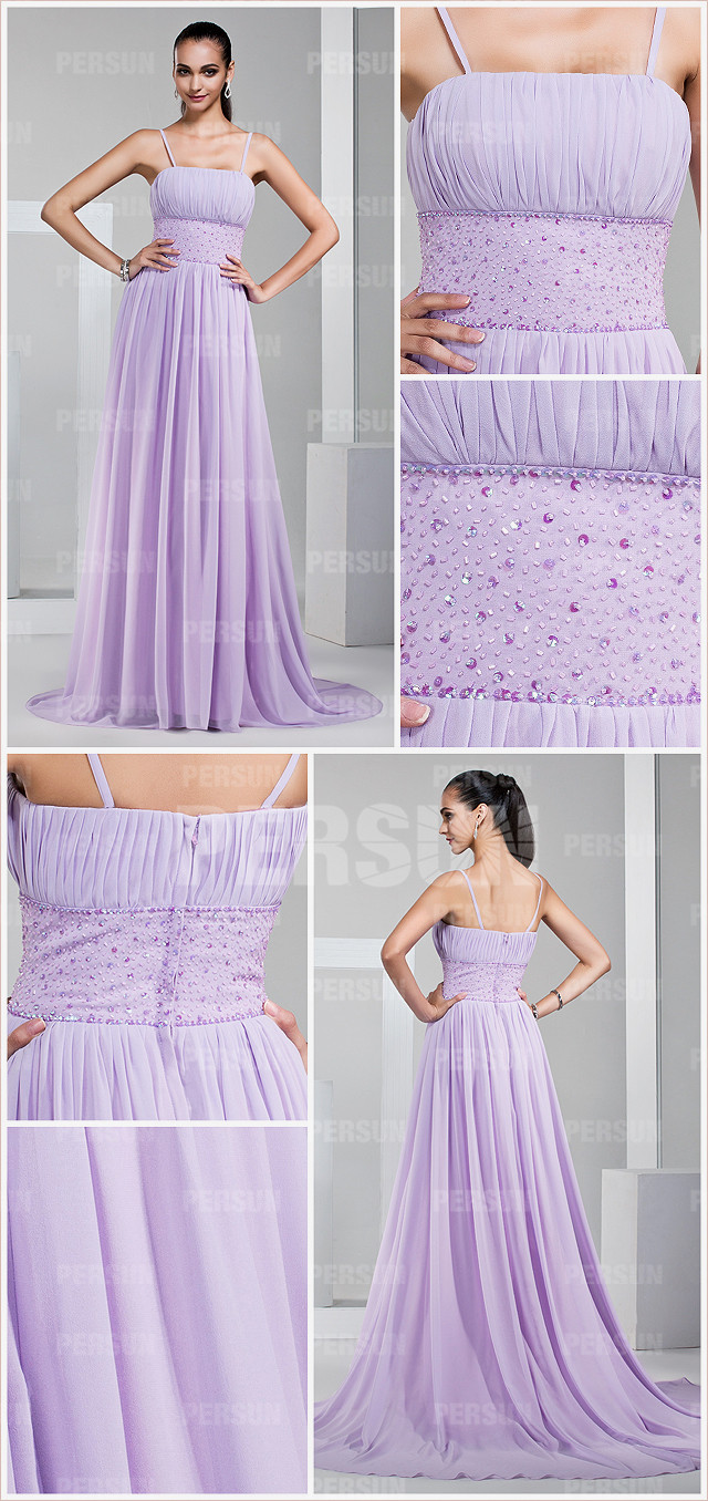 robe longue lilas avec bretelle fine taille ornée de bijoux paillettes