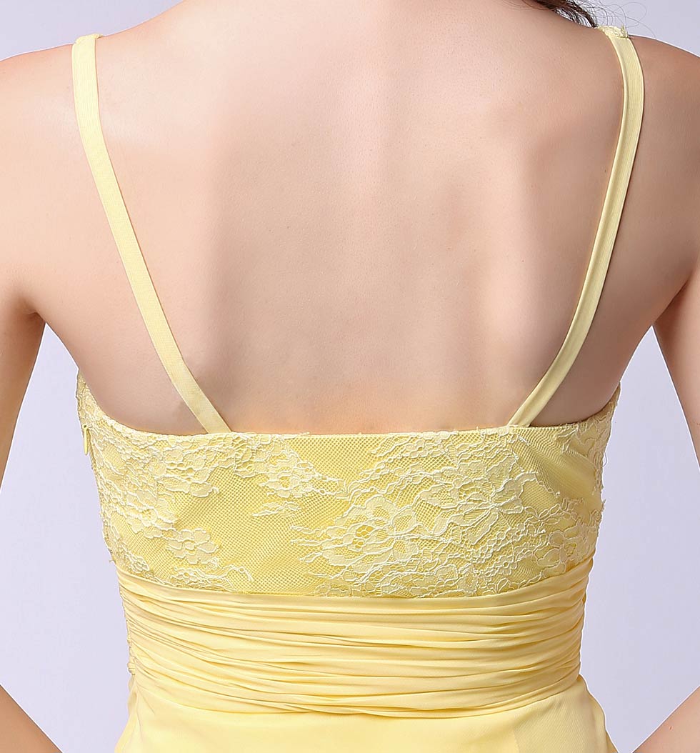 robe de soirée jaune courte devant longue derrière dos nu avec bretelle