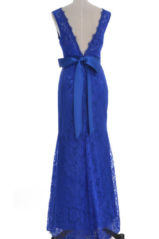 robe bleu longue sirène pour occasion formelle dos échancré en V