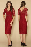 Vintages Rotes V Ausschnitt Etui Linie Knielang Abendkleider aus Spitze