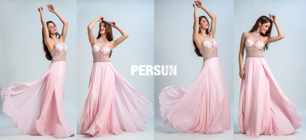 sexy robe de soirée rose clair à bustier transparent