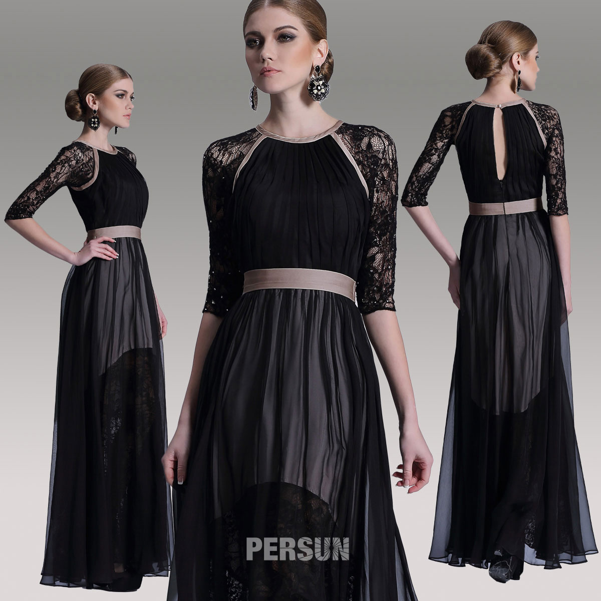 robe de soirée vintage longue noire bustier plissé avec manche courte en dentelle