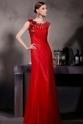 Chic Rotes Round Ausschnitt Etui Linie Langes Abendkleid aus Tüll