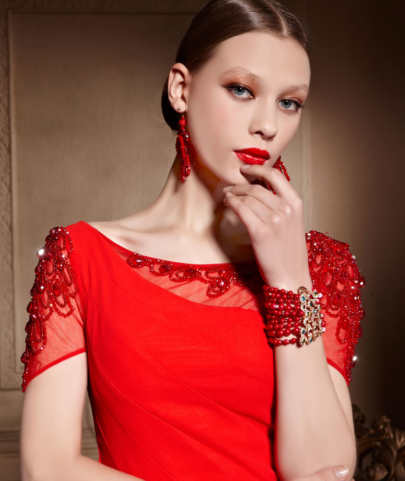 Red Chiffon Beading Short Sleeves Floor Length Long Formal Dress ...