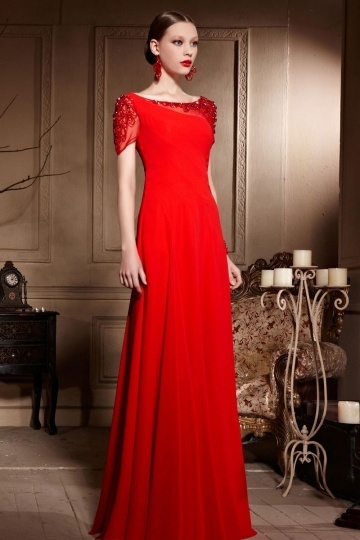 Red Chiffon Beading Short Sleeves Floor Length Long Formal Dress ...