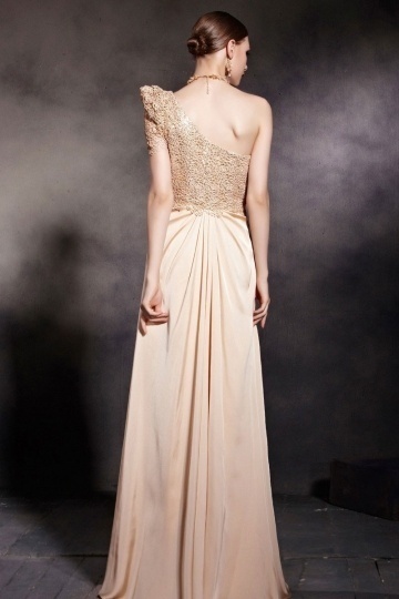 Beautiful Champagne Tone Column One Shoulder Ruched Floor Length Prom ...