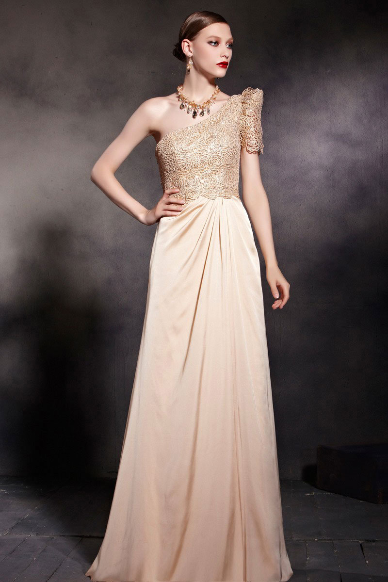 Beautiful Champagne Tone Column One Shoulder Ruched Floor Length Prom ...
