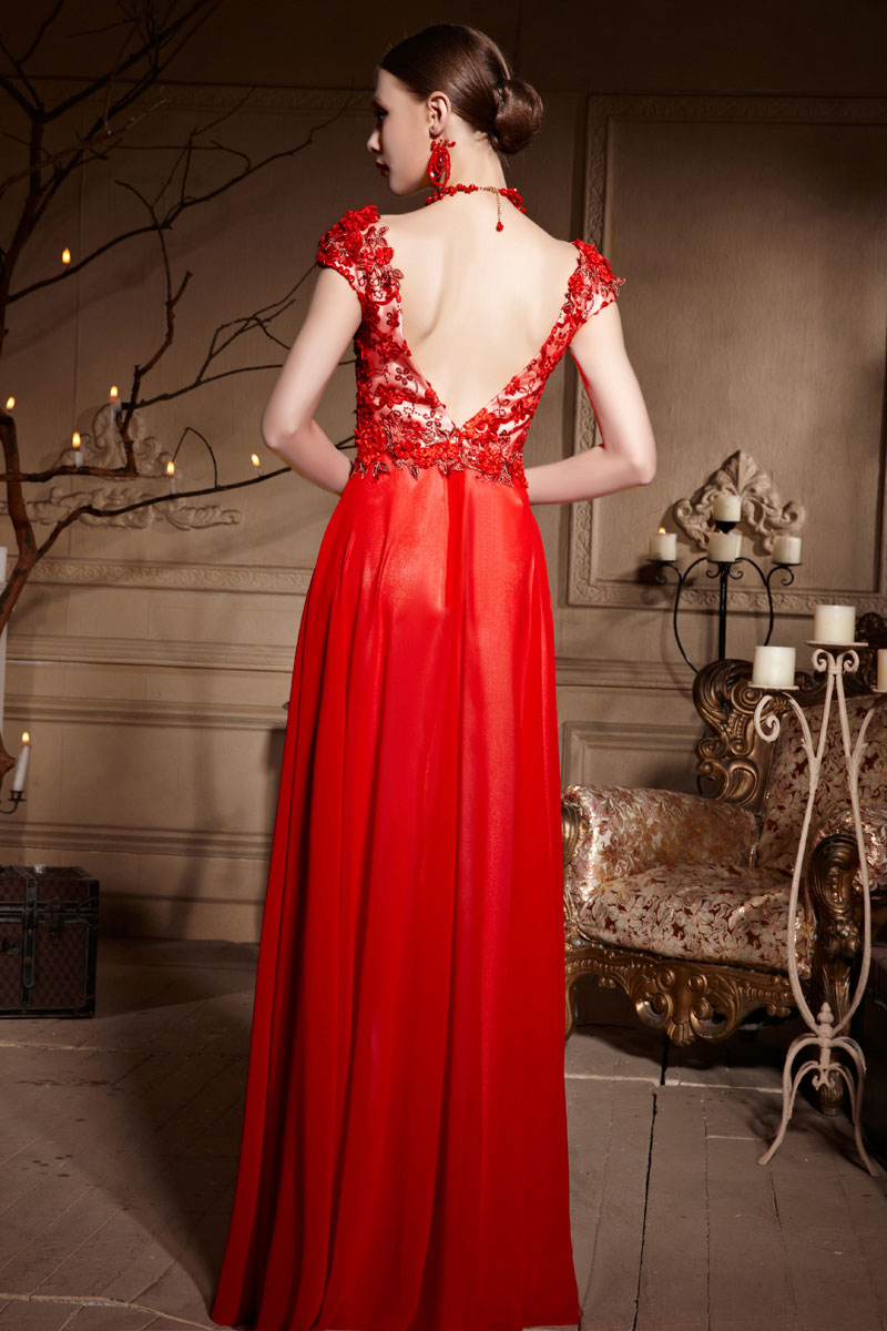 Sexy robe de soirée rouge col v plongeant appliquée