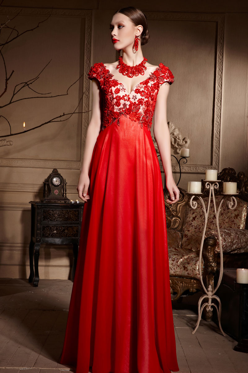 Sexy robe de soirée rouge col v plongeant appliquée