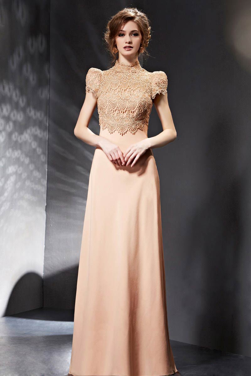 Vintage Chiffon A Line High Neck Evening Dress With Sleeves XHC30653 ...