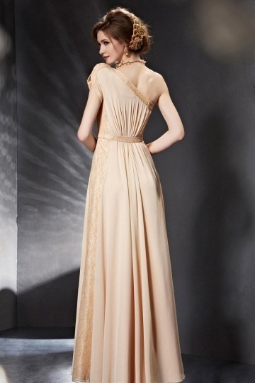 Exquisite Lace Bow Ruched Champagne One Shoulder Chiffon Long Prom ...