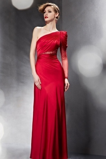 Elegant Ruched Beading One Shoulder Long Sleeve Red Long Prom Dress ...