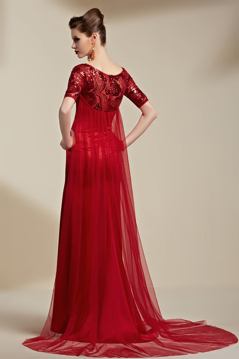 Robe de cérémonie avec manche courte rouge en sequins ...