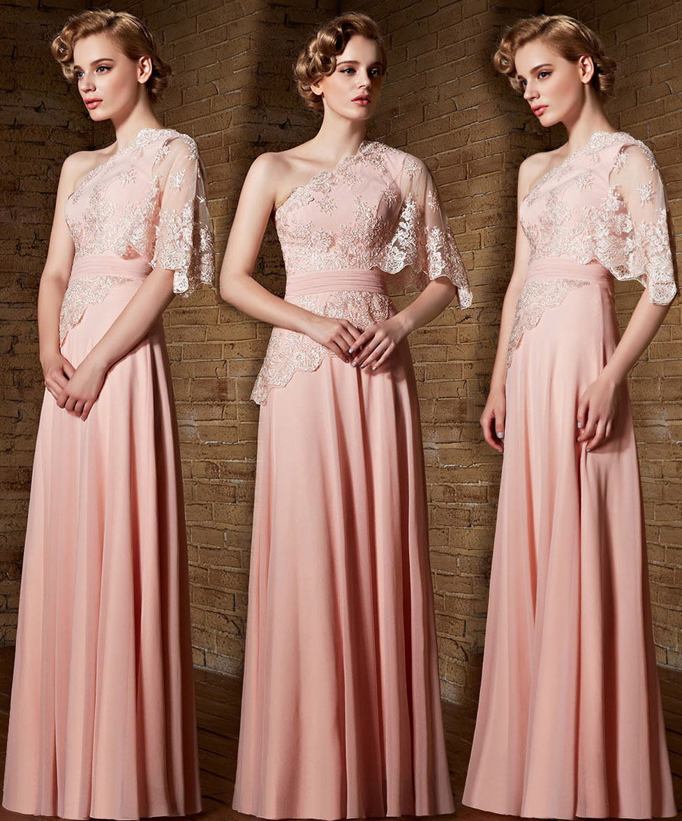 robe soirée rose pour mariage asymétrique appliqué de dentelle