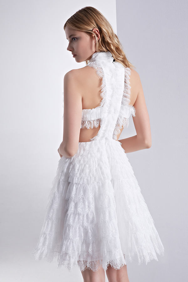 Chic robe de bal rose dentelle à col montant dos découpé