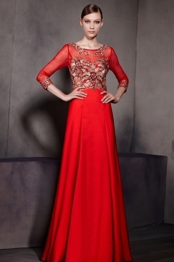 Red Embroidery Scoop 3 4 Sleeves Satin Floor Length Formal Dress ...