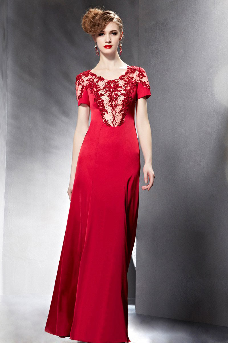 Vintage Appliques Beading Red Short Sleeves Long Formal Dress XHC82052 ...