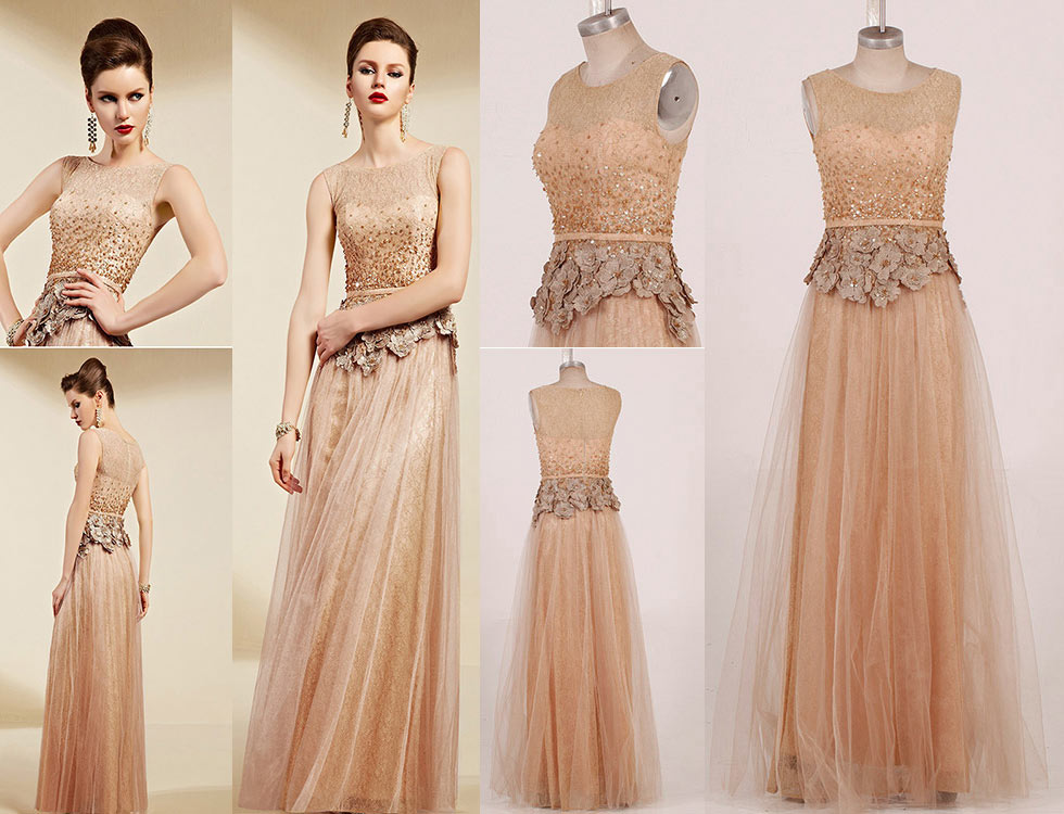  Sexy champagne tulle a line long flower formal dress detail design