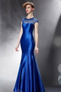 Langes Meerjungfrau Blaues Rund Sequins Abendkleid aus Satin