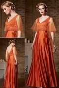 A-Linie V-Ausschnitt langes Orange Rückenfreies Abendkleid