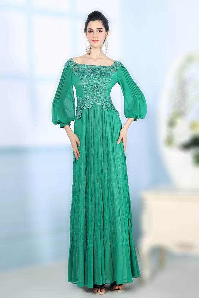 Robe de soirée verte longue effet bohème avec manche ...