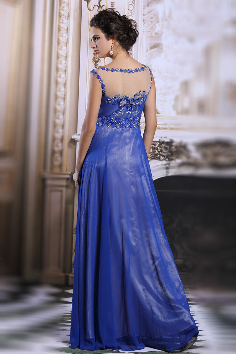 Robe de soirée vintage bleu à encolure brodé de fleur ...