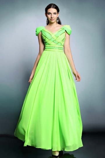 Sexy V Neck A Line Chiffon Green Prom Dress With Cap Sleeves XHD31243 ...