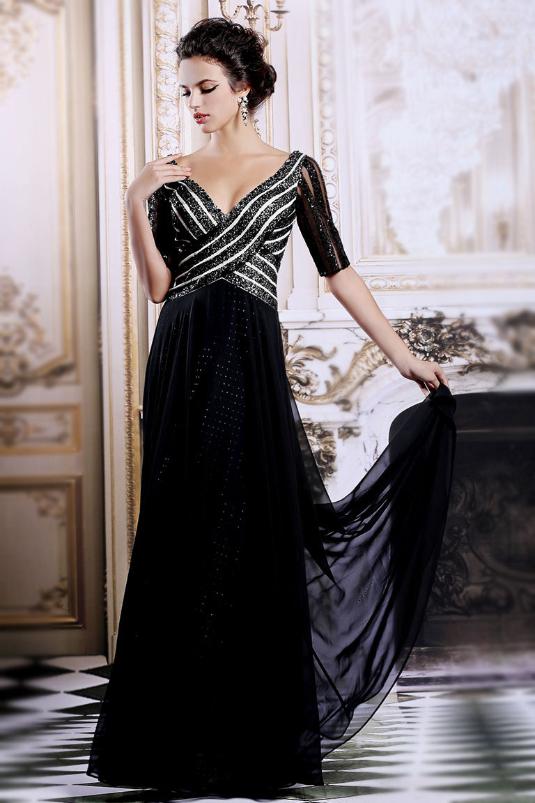 Sexy schwarzes V-Ausschnitt A-Linie langes Abendkleid aus Chiffon ...