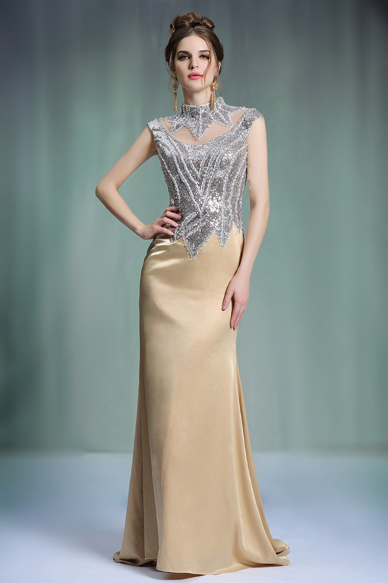 Gorgeous Satin High Neck Sweep Train Champagne Evening Dress XHD31388 ...