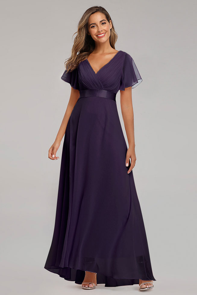 robe de cocktail longue violette encolure v plissé à manches à volant