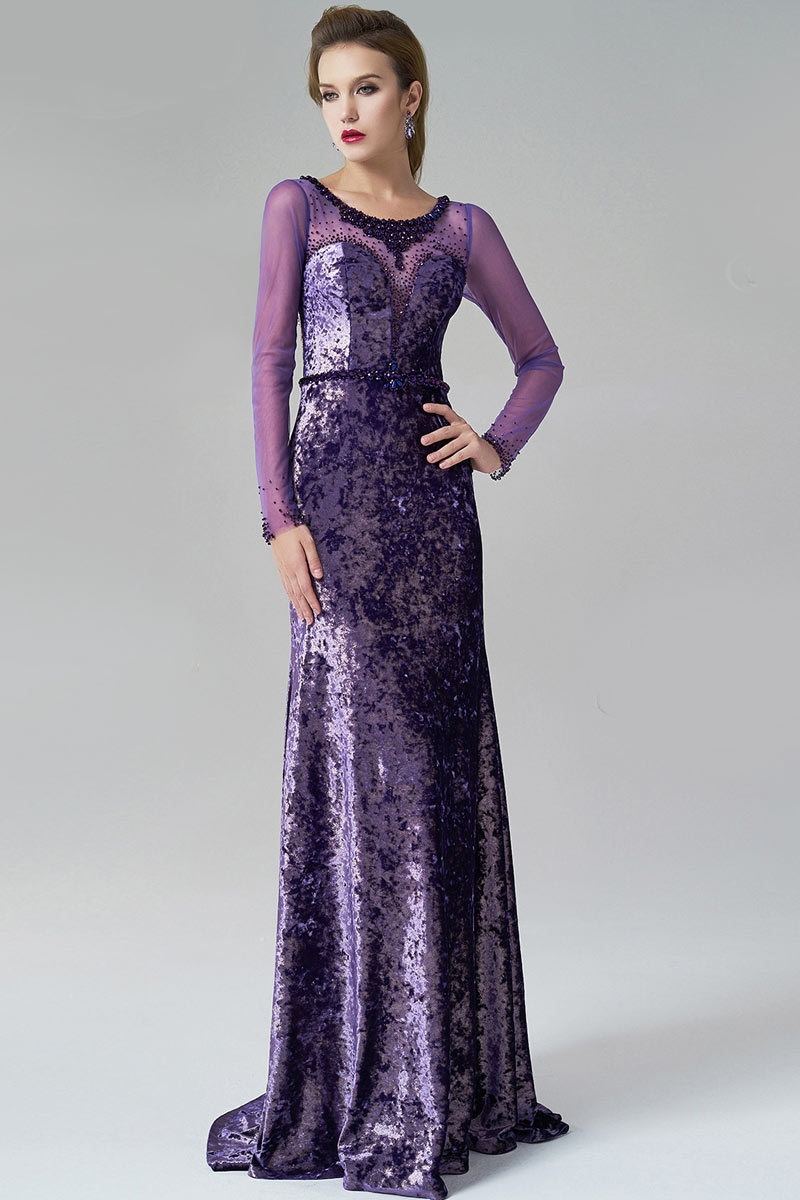 Elegant Long Sleeves Velvet Sheer Purple Evening Dress XHS80251 ...
