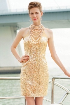 Extravagant Gold Kurz Etui-Linie Stehkragen Abendkleid aus Sequins