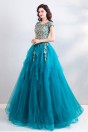 Robe bal princesse rétro bleu turquoise bustier brodé jupe cascade
