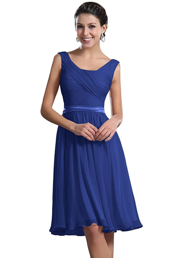 robe de cocktail courte bleu classique bustier plissé col arrondie