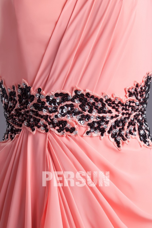 boutique robe corail 2014 ornée de paillettes et perles à la taille