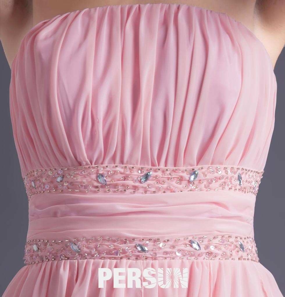 robe de soirée rose courte devant longue derrière plissé orné de strass