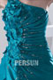 Robe bleu soirée encolure asymétrique en taffetas ruchées