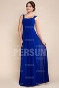 Elegantes blaues Träger A-Linie Falte Langes Abendkleid aus Chiffon