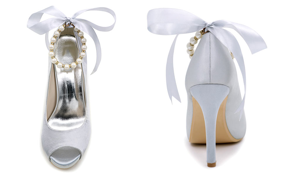 chaussures de mariage argentées bout ouvert à bride en perles talon haut