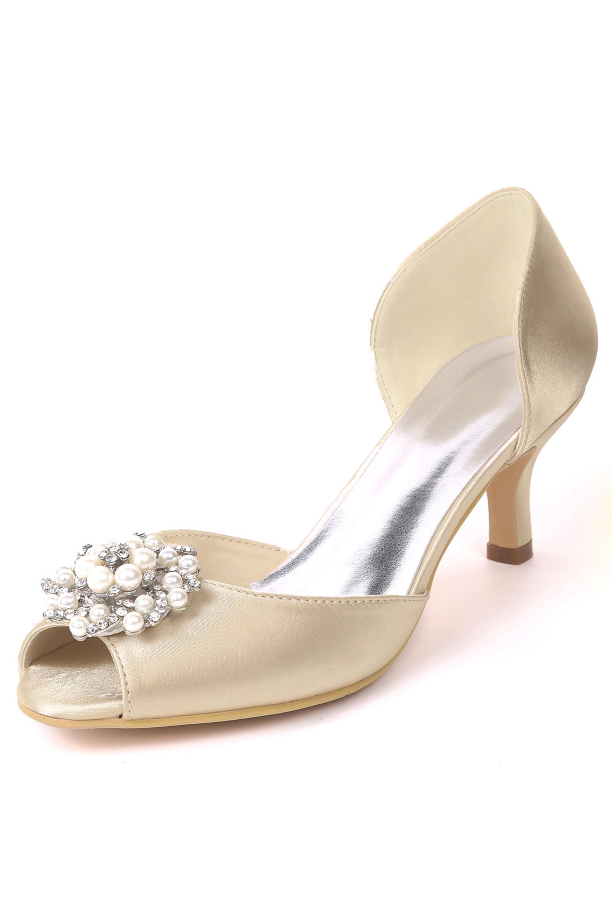 Chaussures ivoire pour mariée à petit talon bout ouvert perlé